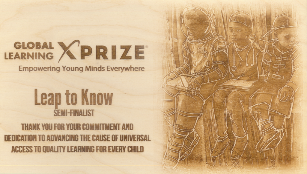 Leap to Know Global Learning XPRIZE semi-finalist placard